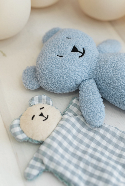 Doudou ourson bleu ciel / vichy - dos bouclette
