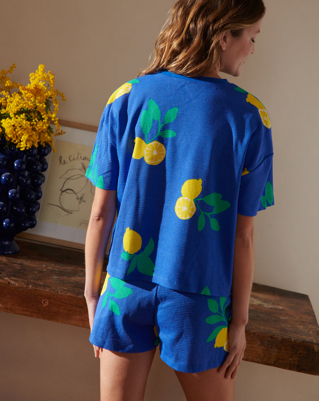 ensemble gaufré Citrons bleu roi coton bio