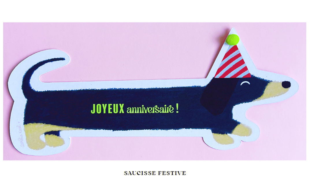 Carte anniversaire chien teckel à pompon rose