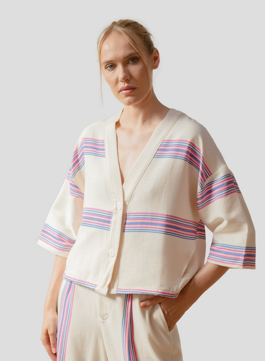 Kimono court Riviera bleu rose fluo