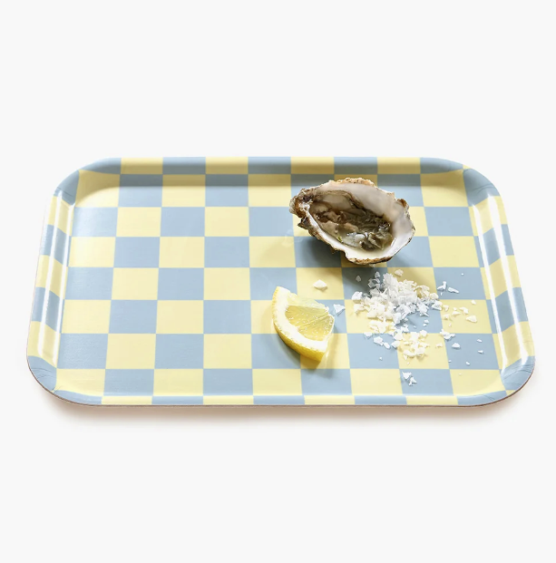 Plateau en bouleau plaqué 27x20 cm Damier jaune beurre et bleu ciel