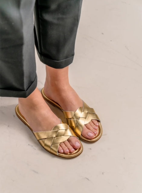 Mules Athena cuir tressé champagne