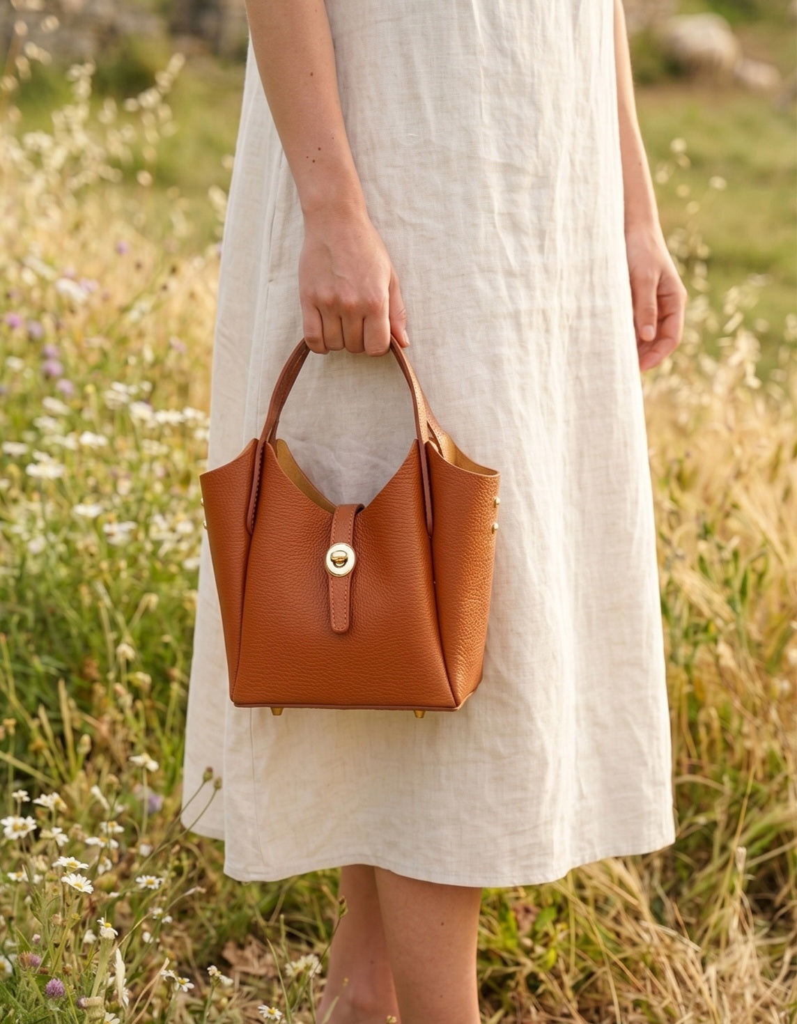 Sac à main en cuir double porté Naia camel