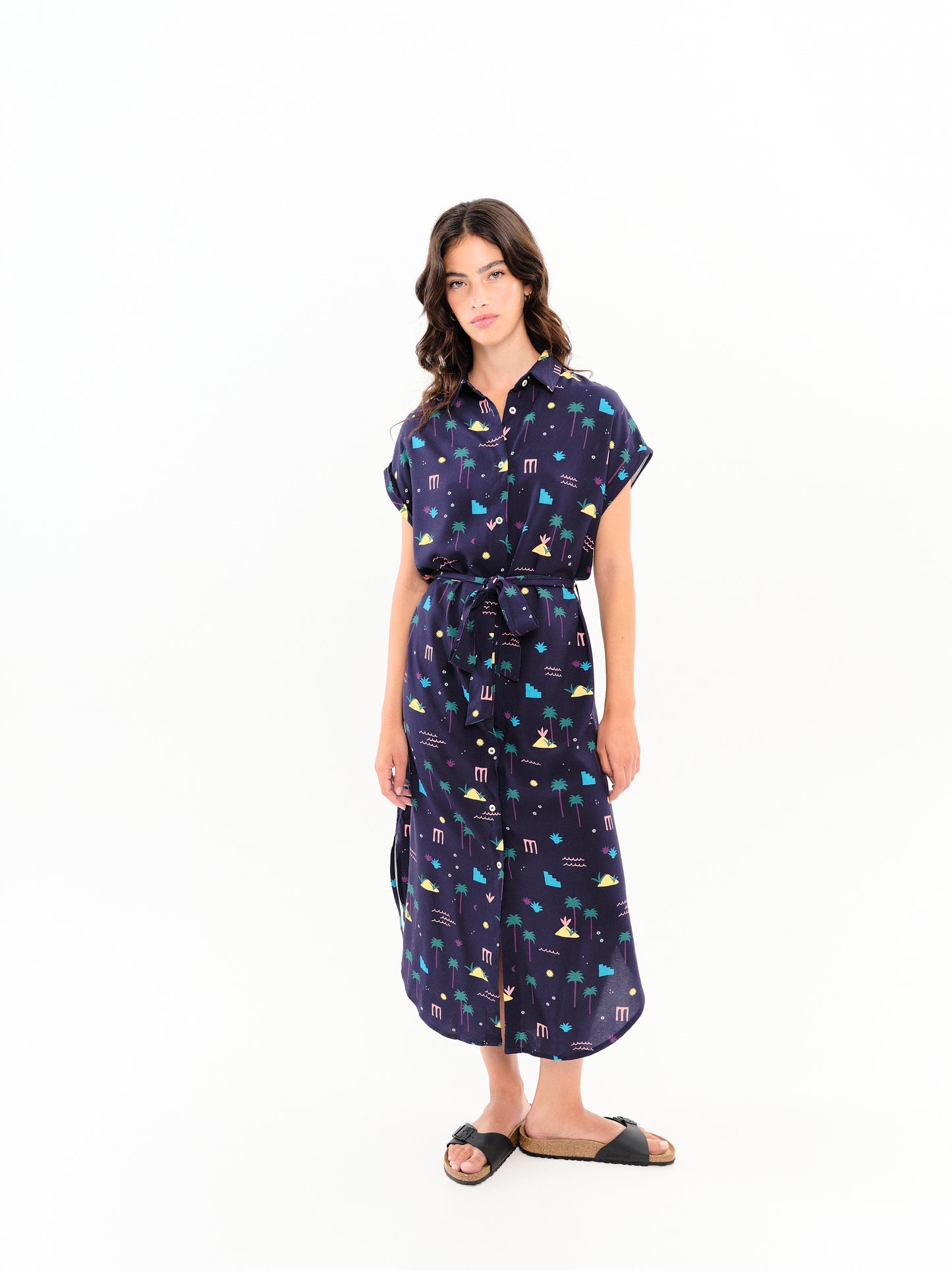 Robe chemise manches courtes Palm Springs azur navy