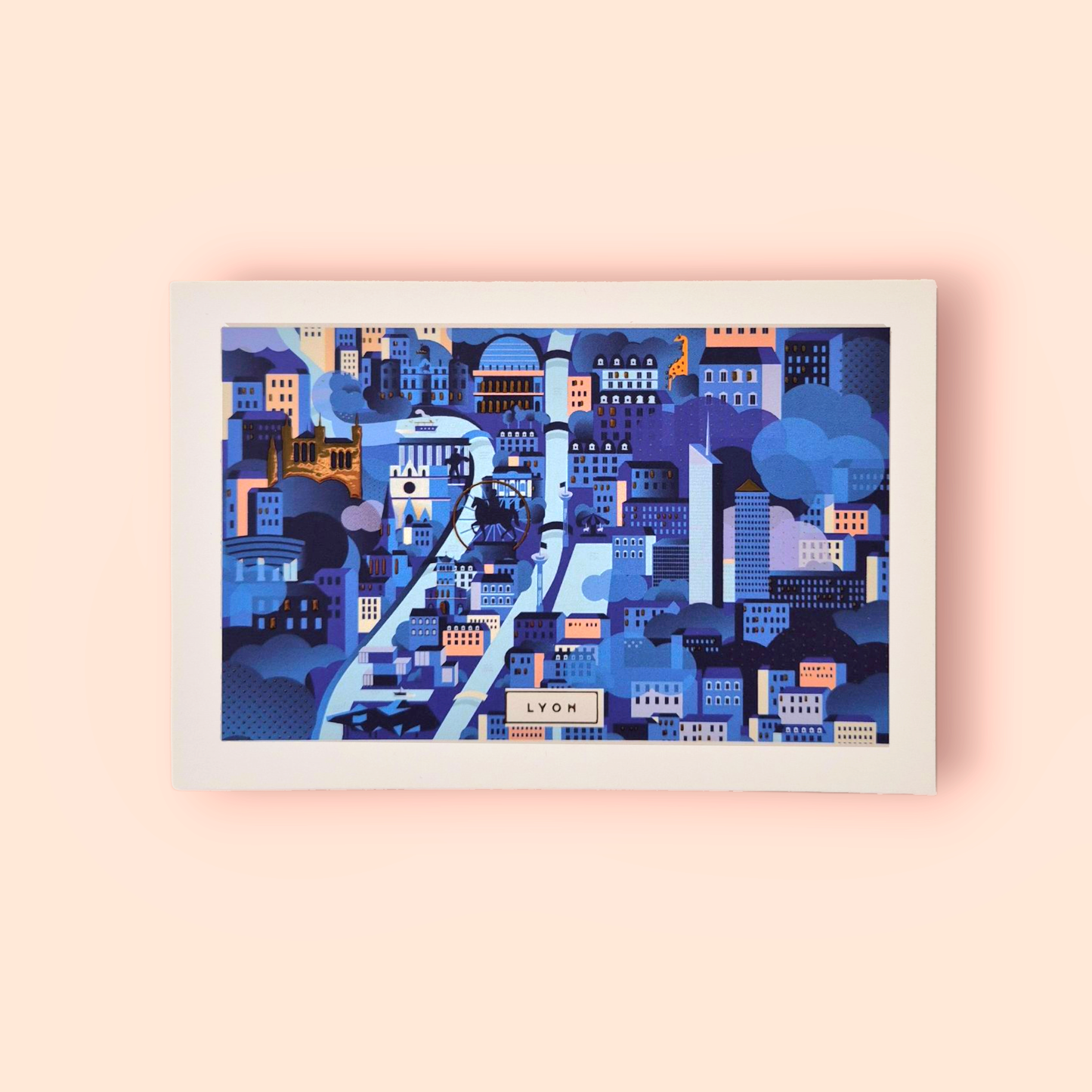 Carte map de Lyon de nuit et reliefs dorés