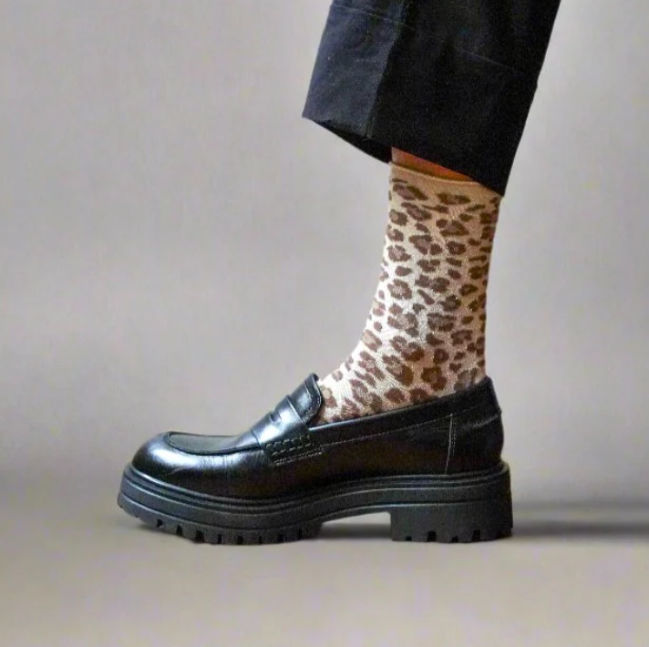 Chaussettes léopard paillettes crème