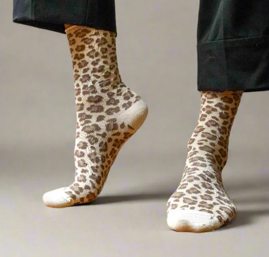 Chaussettes léopard paillettes crème