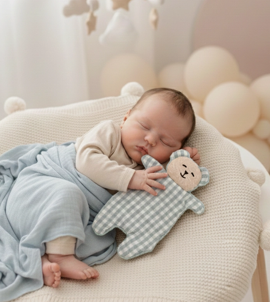 Doudou ourson bleu ciel / vichy - dos bouclette
