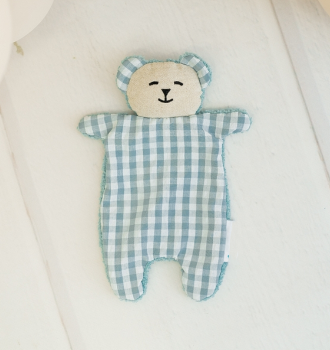 Doudou ourson bleu ciel / vichy - dos bouclette