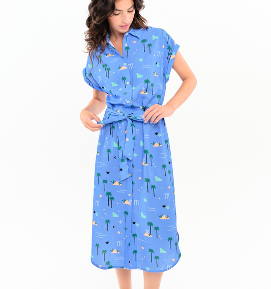Robe chemise manches courtes Palm Springs azur