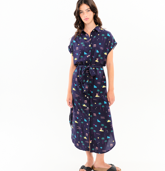 Robe chemise manches courtes Palm Springs azur navy