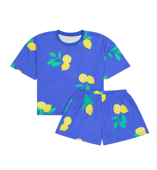 ensemble gaufré Citrons bleu roi coton bio