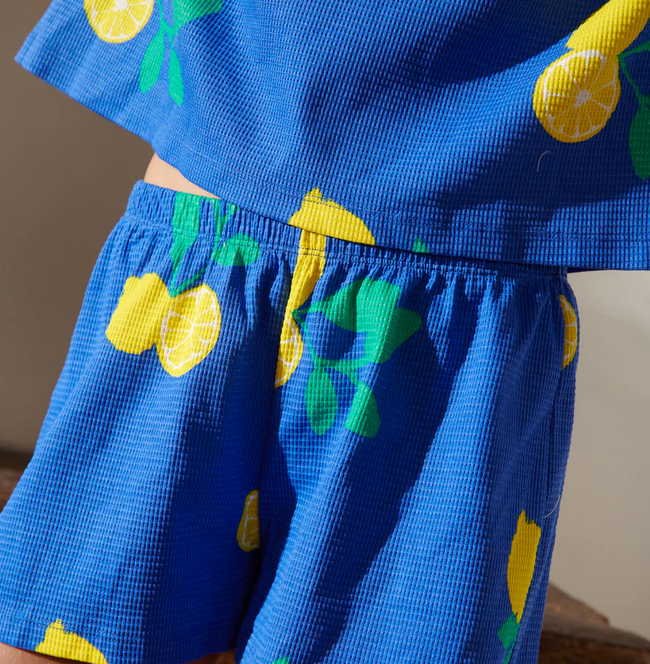 ensemble gaufré Citrons bleu roi coton bio