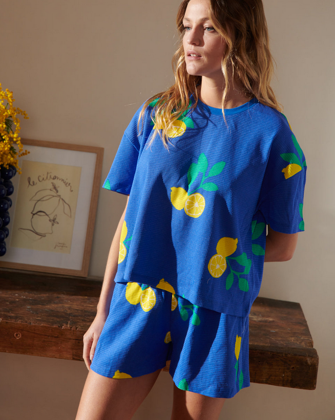 ensemble gaufré Citrons bleu roi coton bio
