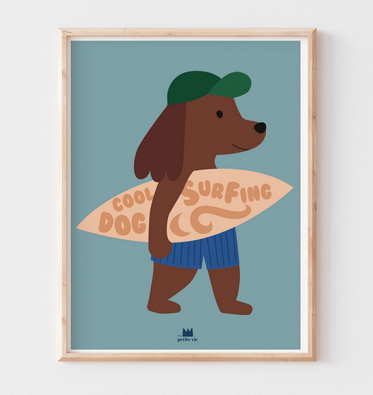 affiche 30x40cm Cool surfing dog - casquette