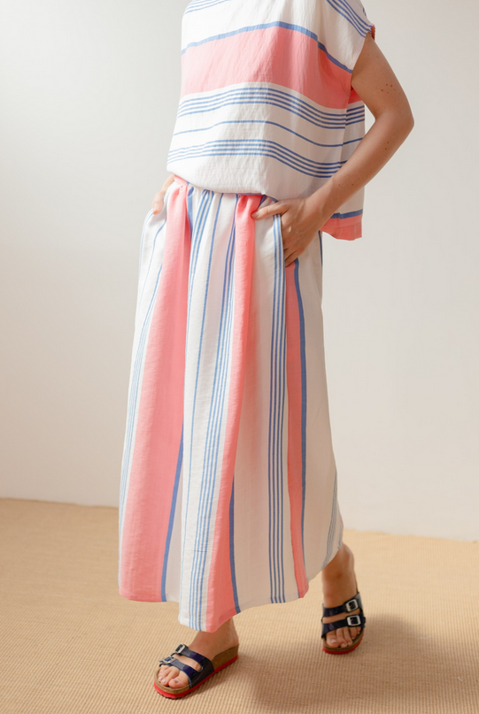 Jupe longue fluide Riviera blanche rayures bleu rose