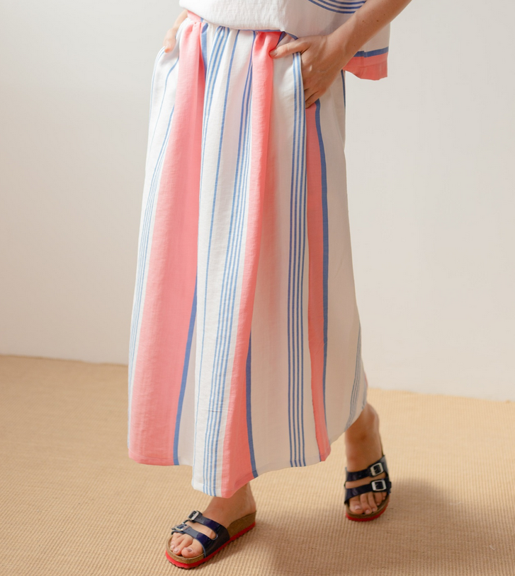 Jupe longue fluide Riviera blanche rayures bleu rose