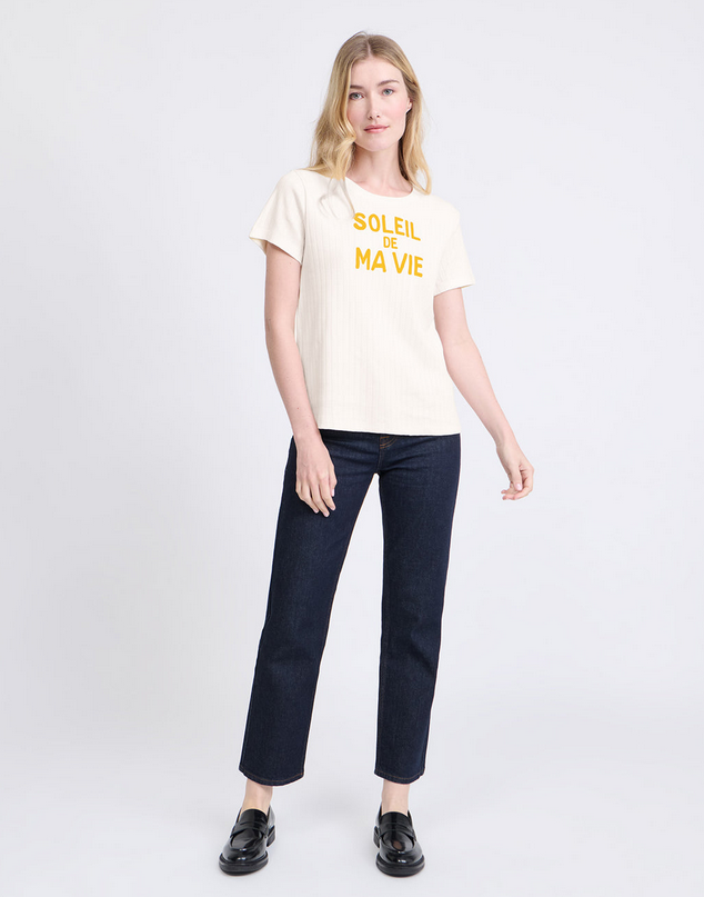 t-shirt Soleil de ma vie en coton bio - côtelé - écru émoi émoi
