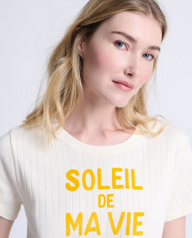 t-shirt Soleil de ma vie en coton bio - côtelé - écru émoi émoi