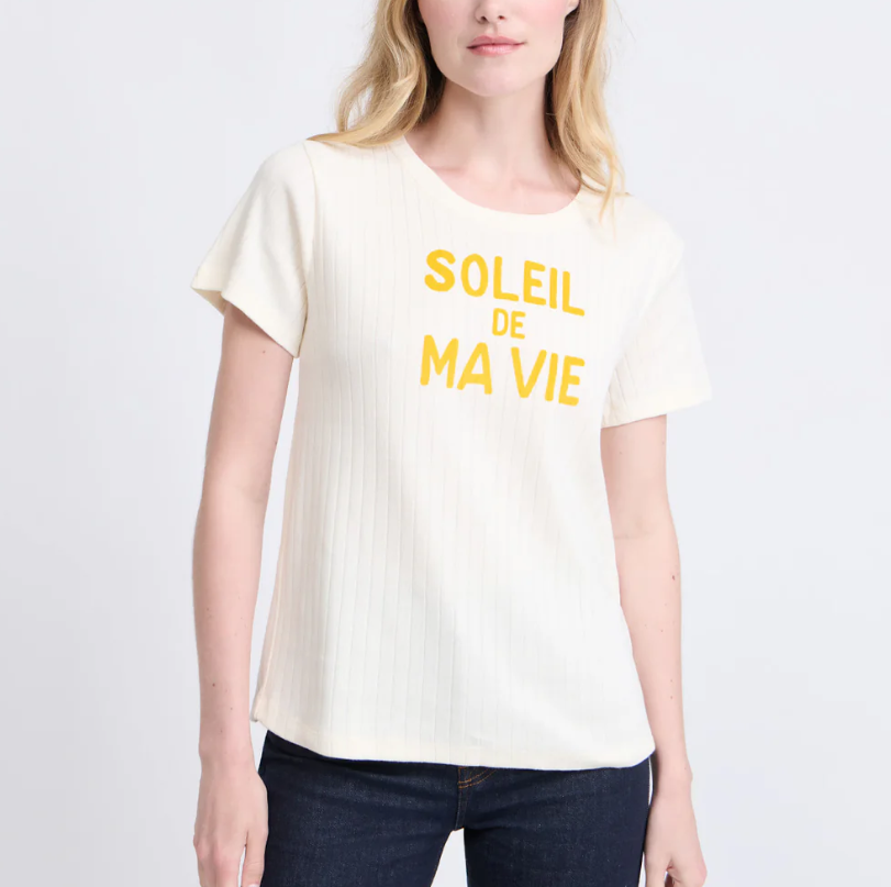 t-shirt Soleil de ma vie en coton bio - côtelé - écru émoi émoi