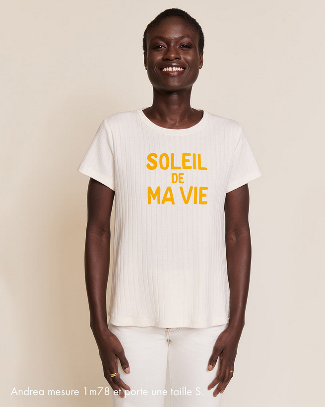 t-shirt Soleil de ma vie en coton bio - côtelé - écru émoi émoi
