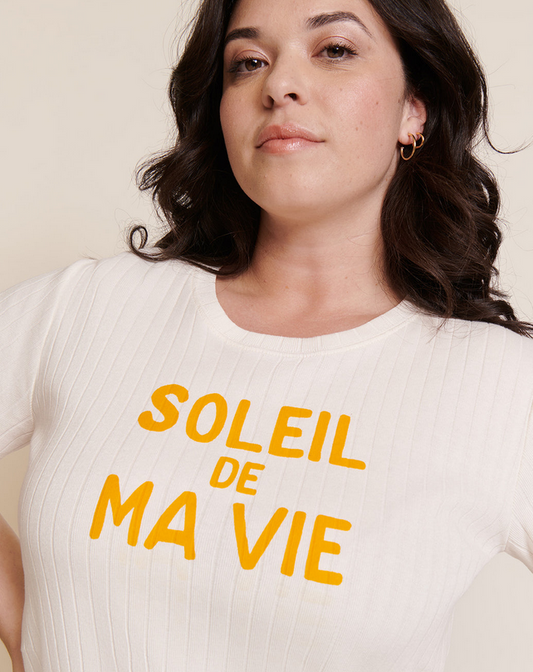 t-shirt Soleil de ma vie en coton bio - côtelé - écru émoi émoi