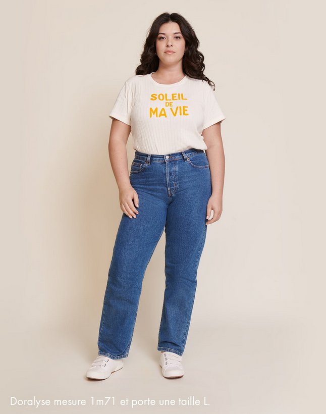 t-shirt Soleil de ma vie en coton bio - côtelé - écru émoi émoi