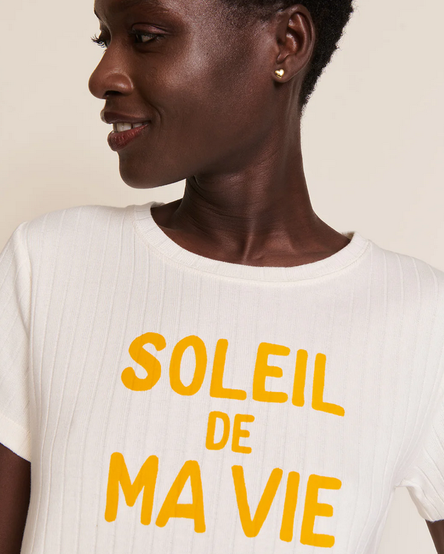 t-shirt Soleil de ma vie en coton bio - côtelé - écru émoi émoi