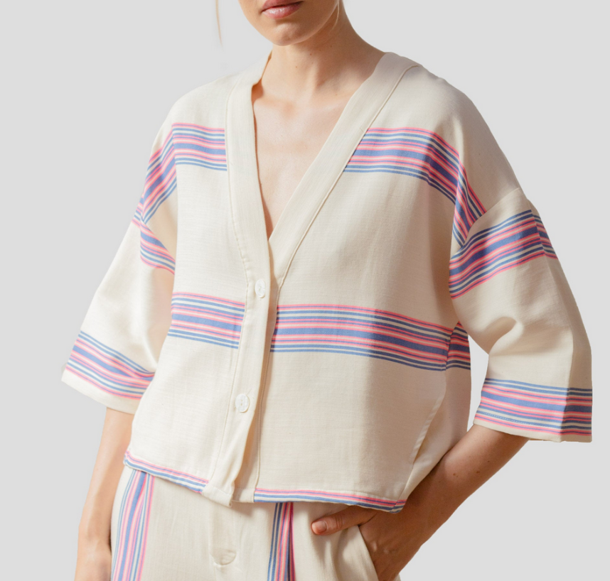 Kimono court Riviera bleu rose fluo