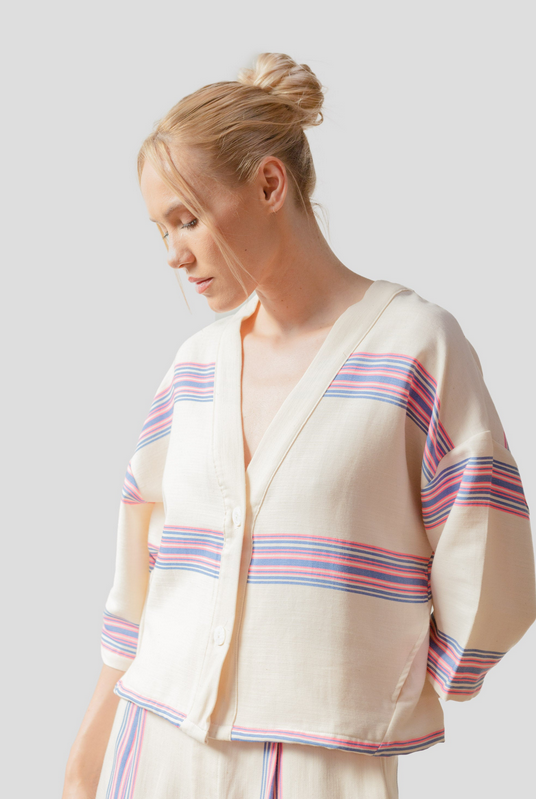 Kimono court Riviera bleu rose fluo