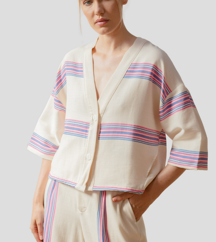 Kimono court Riviera bleu rose fluo