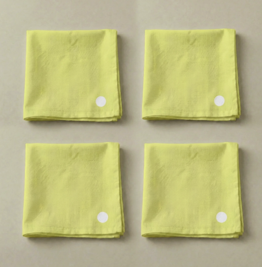 Lot de 4 serviettes de table coton jaune lime rond blanc