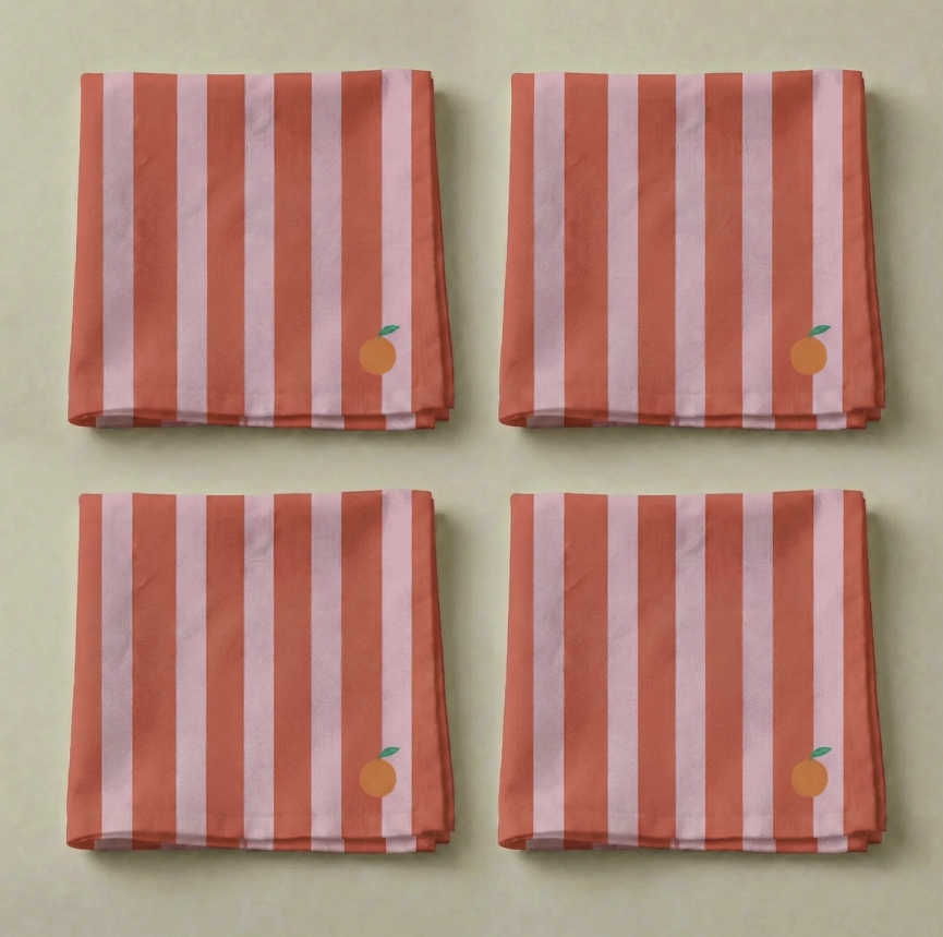 Lot de 4 serviettes de table coton rayure clémentine