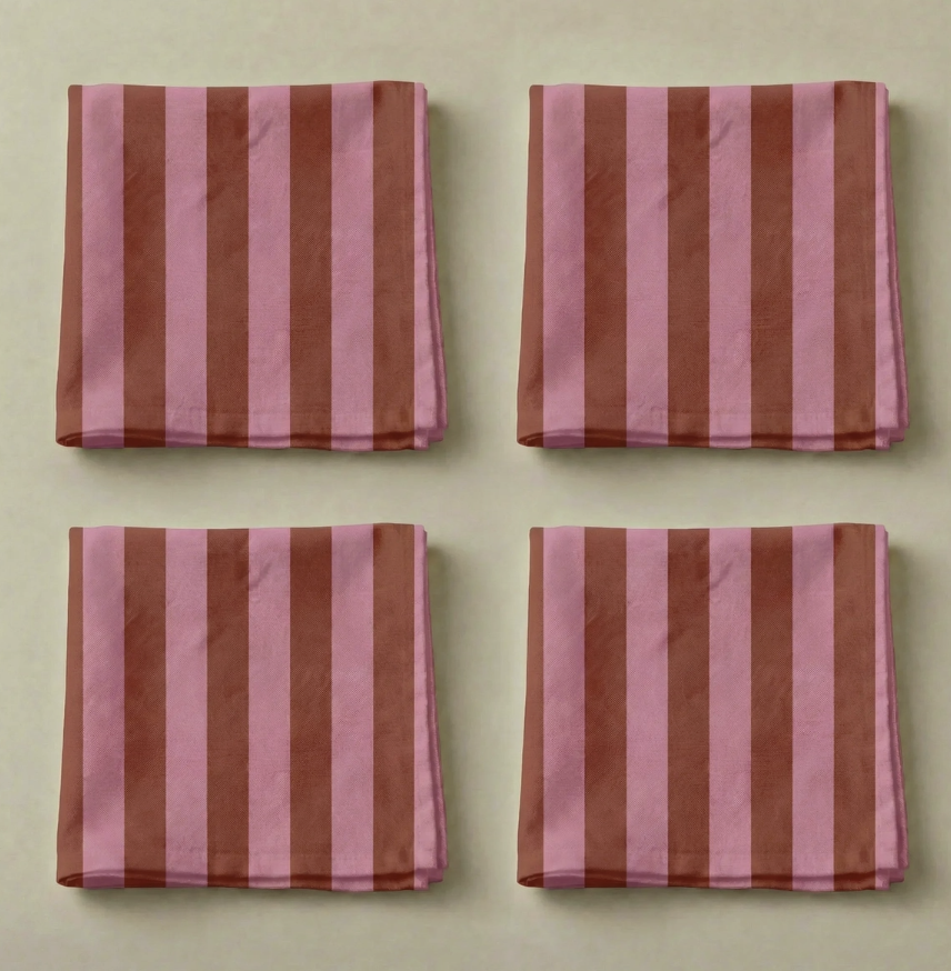 Lot de 4 serviettes de table coton rayure rose rouge bordeaux