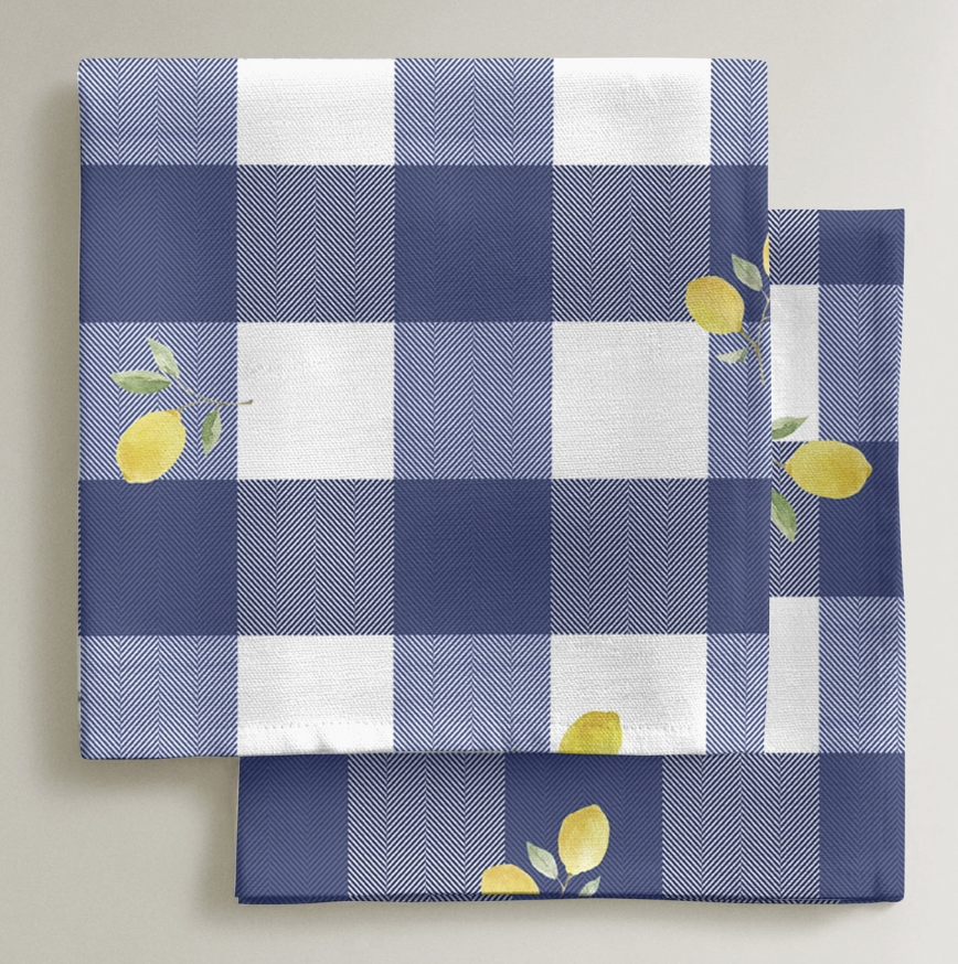 Lot de 4 serviettes de table coton carreaux et citrons