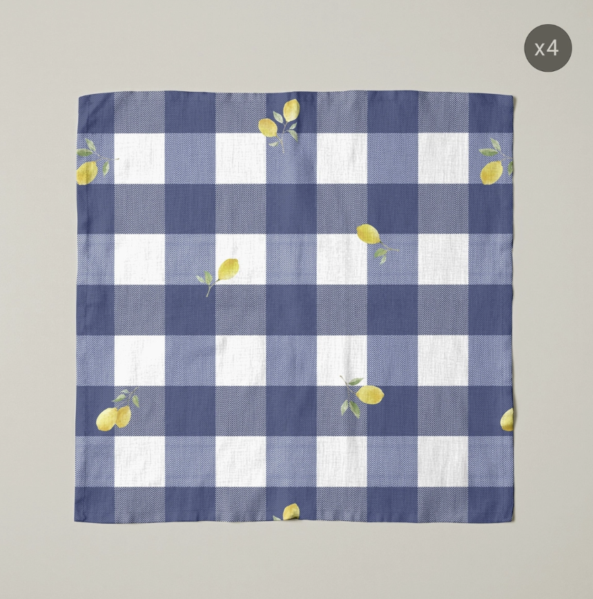 Lot de 4 serviettes de table coton carreaux et citrons