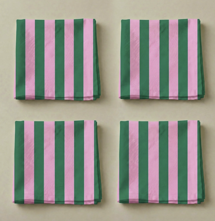 Lot de 4 serviettes de table coton rayure rose vert