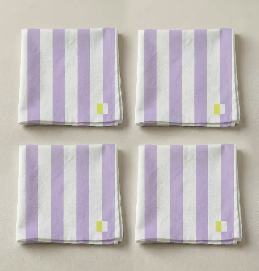 Lot de 4 serviettes de table coton rayure lila lime