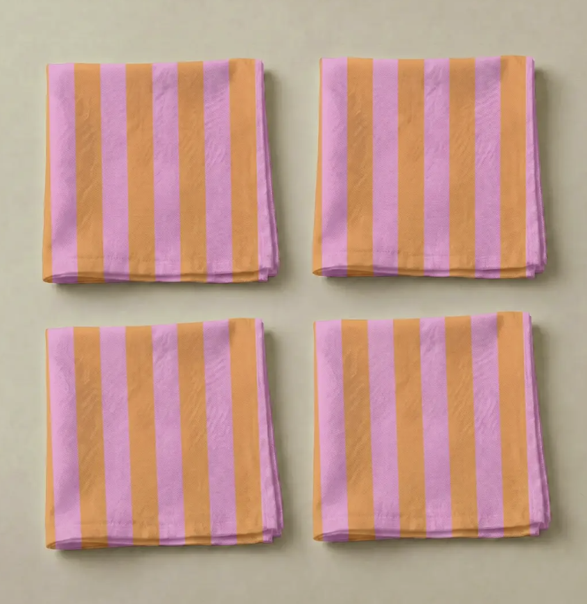 Lot de 4 serviettes de table coton rayure rose orange