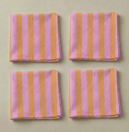 Lot de 4 serviettes de table coton rayure rose orange