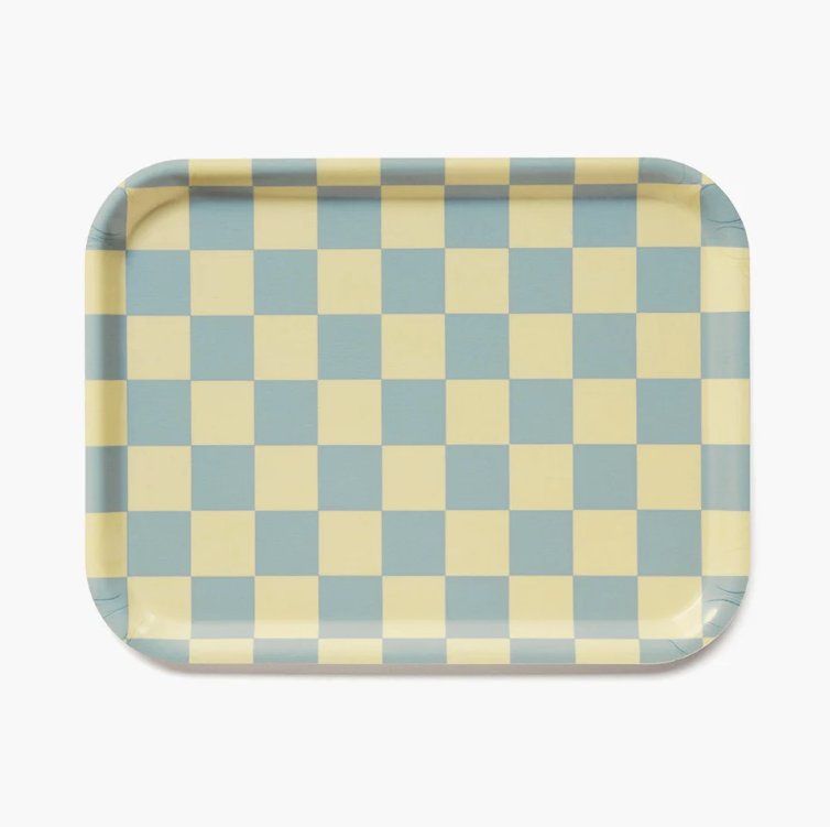 Plateau en bouleau plaqué 27x20 cm Damier jaune beurre et bleu ciel