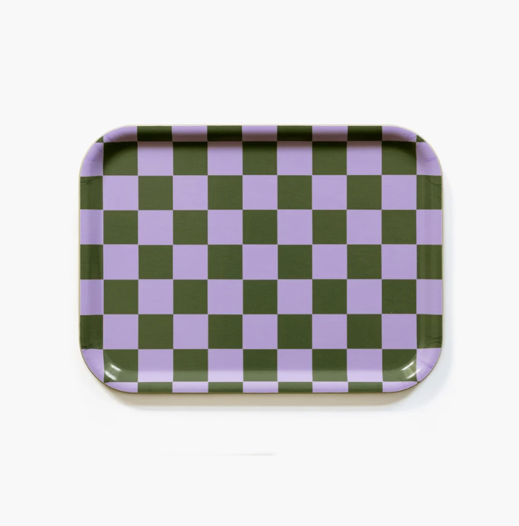 Plateau en bouleau plaqué 27x20 cm Damier lila et olive