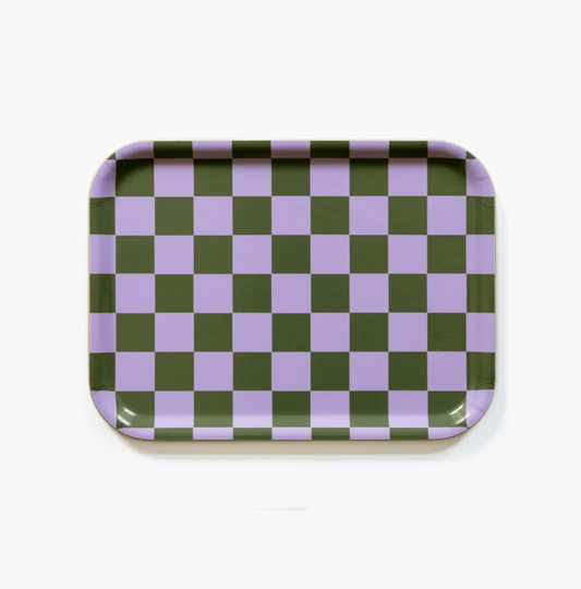 Plateau en bouleau plaqué 27x20 cm Damier lila et olive