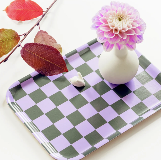 Plateau en bouleau plaqué 27x20 cm Damier lila et olive