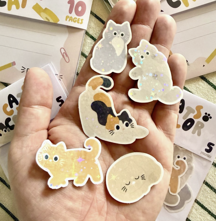 Kit de stickers à journaling fabriqués à Lyon - Color Cats paillettes