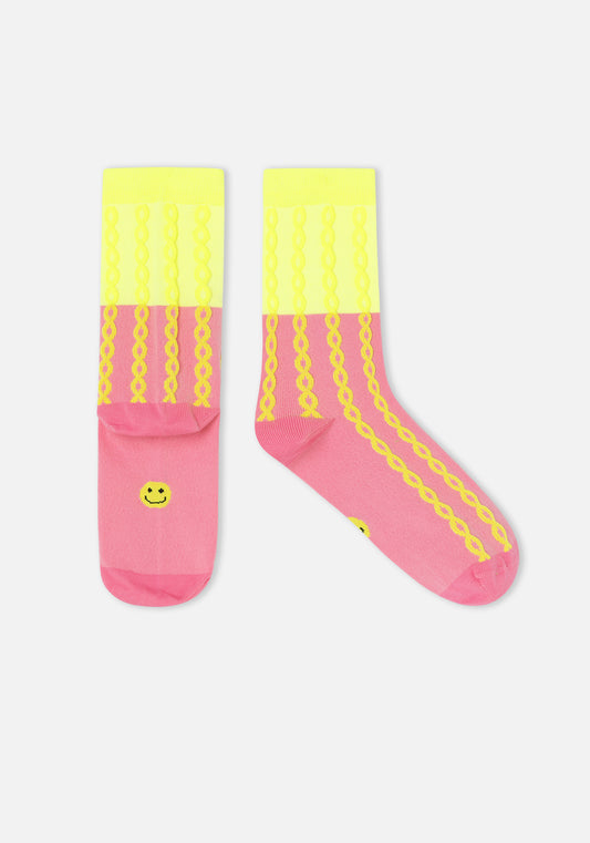 chaussettes smiley fluo torsadé rose/jaune