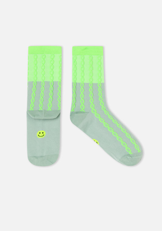 chaussettes smiley fluo torsadé vert/bleu