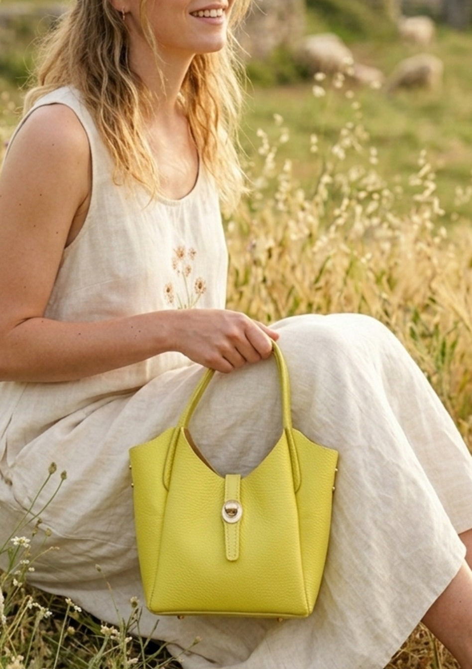 Sac à main en cuir double porté Naia jaune citron