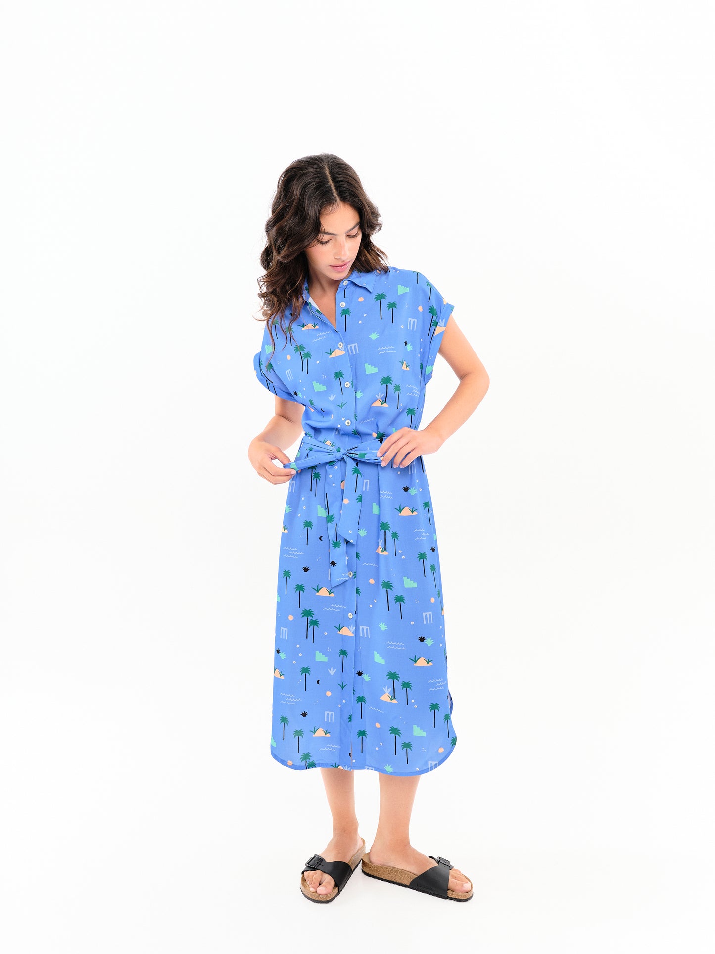 Robe chemise manches courtes Palm Springs azur