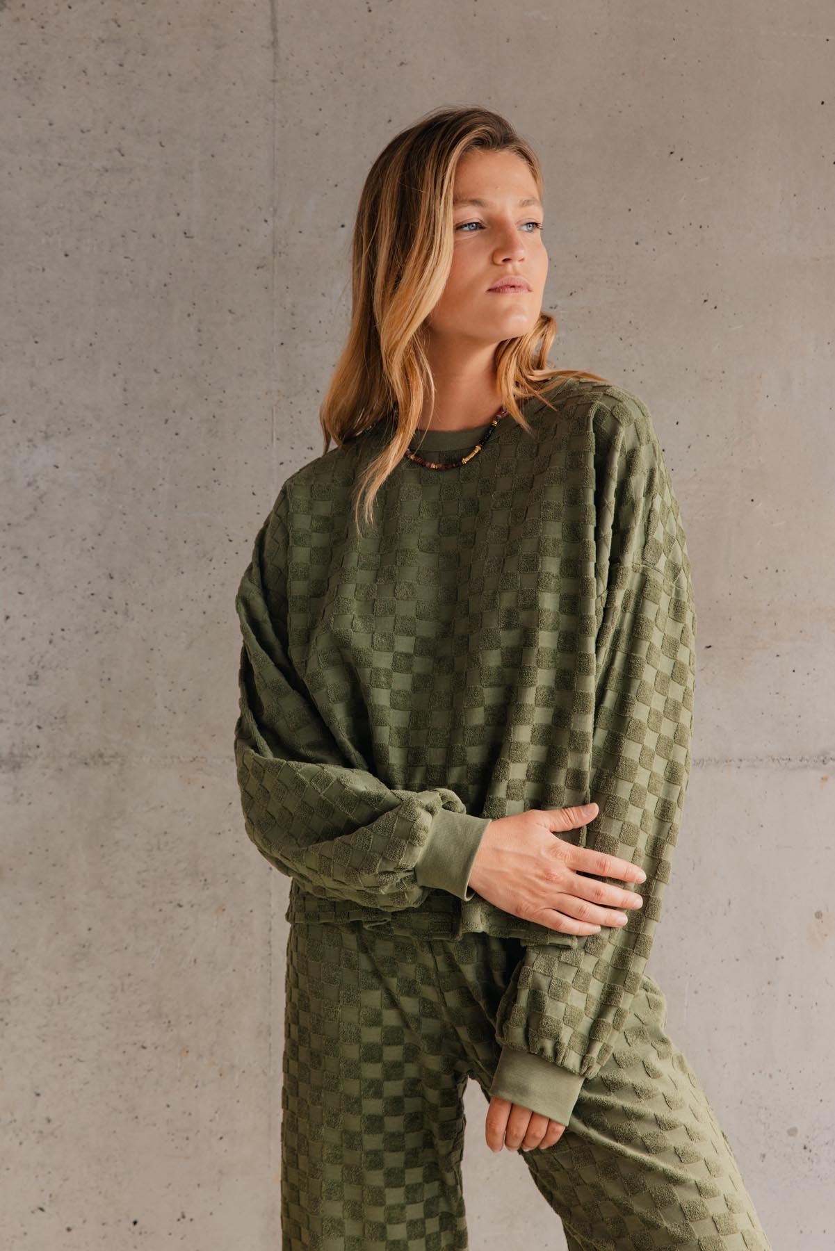 Sweat damier éponge coton bio / Noir ou Olive